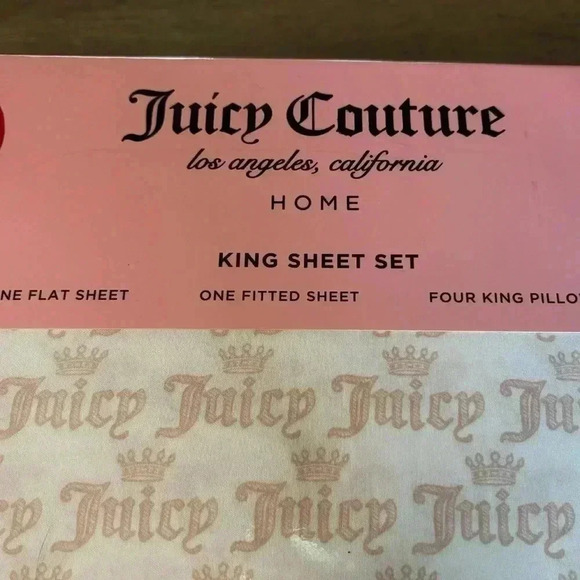 Juicy Couture Home King Sheet Set Pink and White All Over Logo and Crown NWT - Picture 3 of 7